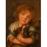 Manner of J. B. Greuze, a child holding a puppy, oil on canvas, 16.25" x 13" (42 x 33cm), unframed.