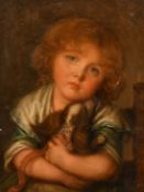 Manner of J. B. Greuze, a child holding a puppy, oil on canvas, 16.25" x 13" (42 x 33cm), unframed.