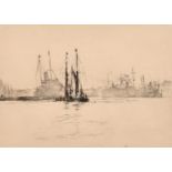 Sidney McKenzie Litten, shipping on a broad river, etching, signed in pencil, plate size 5" x 7" (
