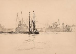 Sidney McKenzie Litten, shipping on a broad river, etching, signed in pencil, plate size 5" x 7" (