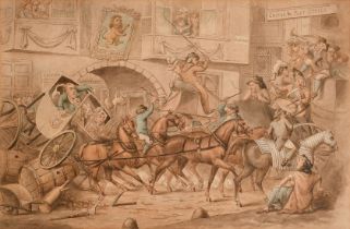 William Henry Bunbury (1750-1811), 'Obstacle Race in the High Street', a raucous street scene,