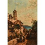 Late 19th Century English School, figures in a street by an Italian Lake, oil on canvas, signed with