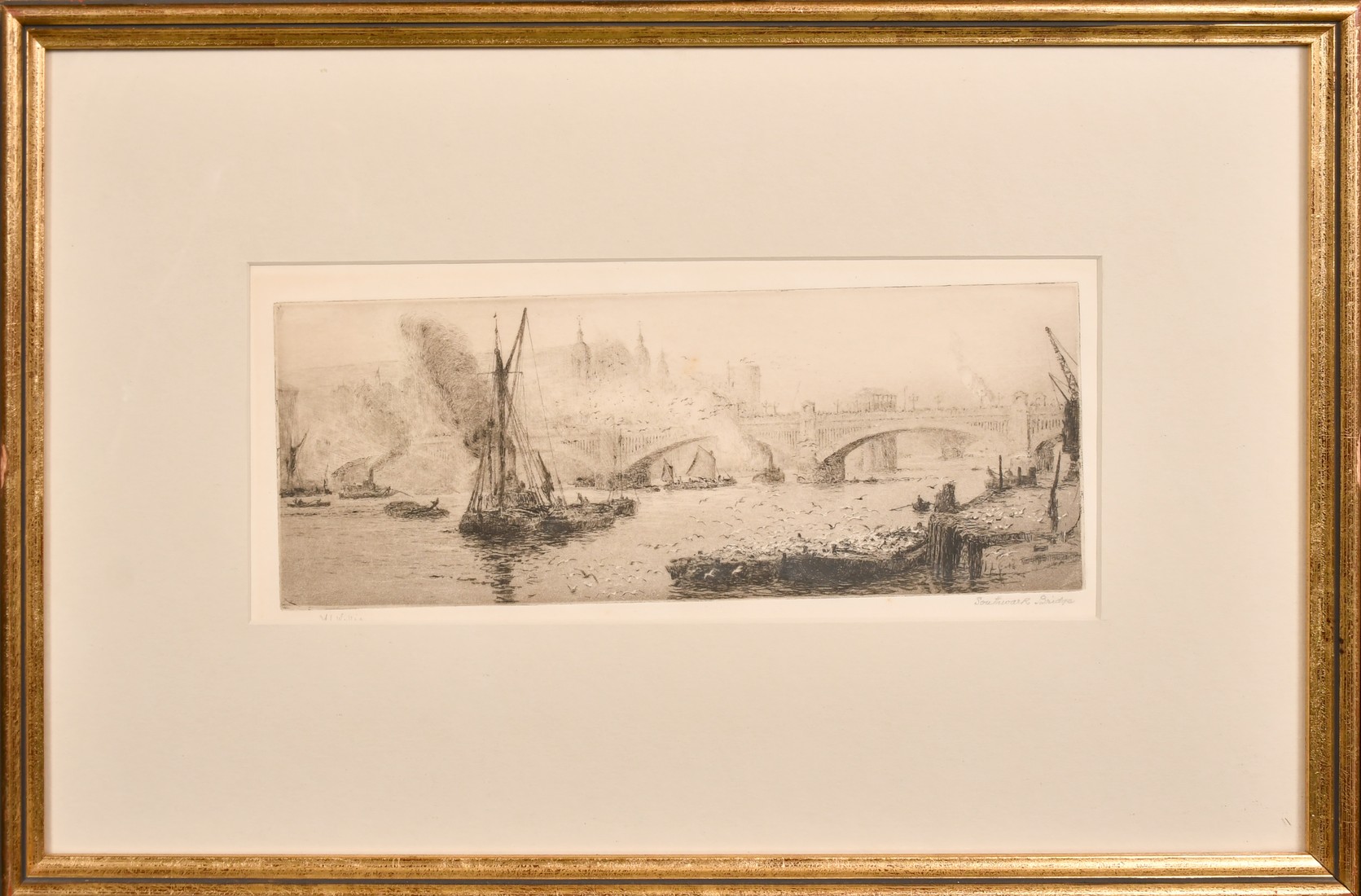William Lionel Wyllie (1851-1931), Southwark Bridge, etching, signed in pencil, plate size 5" x 12. - Image 2 of 5