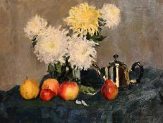 Lidiya Buharova-Sporykhina (1927-2004), Still life study with flowers, apples and a tea pot, oil