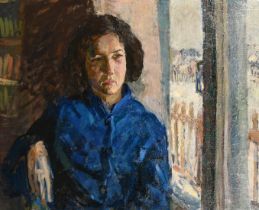 20th Century Russian School, portrait study of a young lady by a window, oil on canvas, 23.5" x 31.