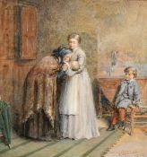 George Goodwin Kilburne (1839-1924), figures in an interior, watercolour, signed and indistinctly