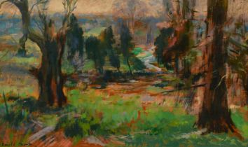 Ronald Morton (b. 1918), a tree lined landscape, oil on board, signed, 14" x 22" (36 x 56cm).