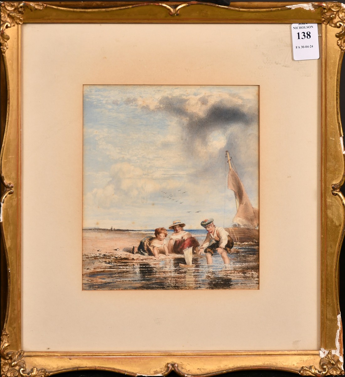 19th Century Scottish School, children playing with a toy yacht on a coastal inlet, watercolour, 6. - Image 2 of 3