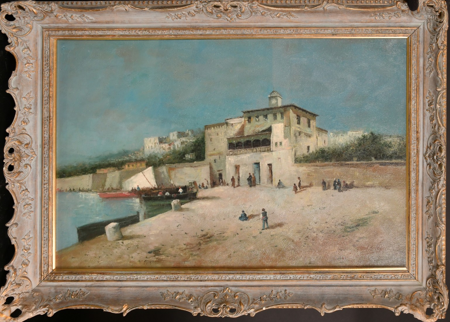 After Antonio Reyna de Manescau, figures by a quay at dusk, oil on canvas, signed S. Malic, 24" x - Image 2 of 4