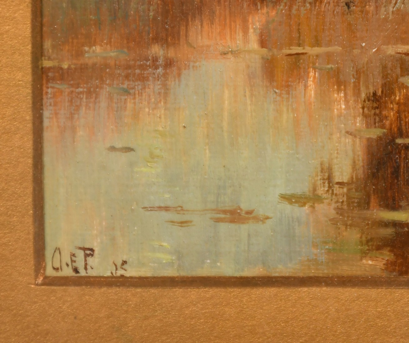 Circa 1905, a pair of landscape scenes, morning and dusk, oil on board, signed with initials O.E.P., - Image 4 of 5