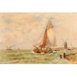 Dutch School, Circa 1900, A leeboard barge with windmills beyond, oil on panel, indistinctly signed,