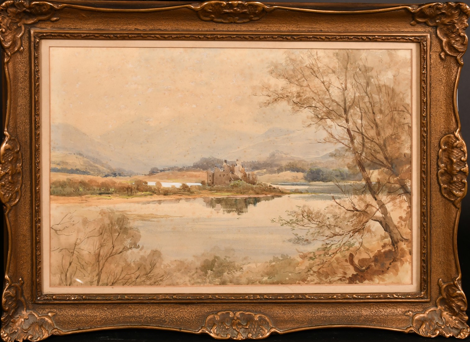 19th Century Scottish View, castle on a mountain loch, watercolour, 12" x 19" (31 x 48.5cm). - Image 2 of 3