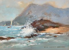 Frank Duffield (b. 1901), yachts rounding a rocky headland, gouache, signed, 9.5" x 13" (24 x