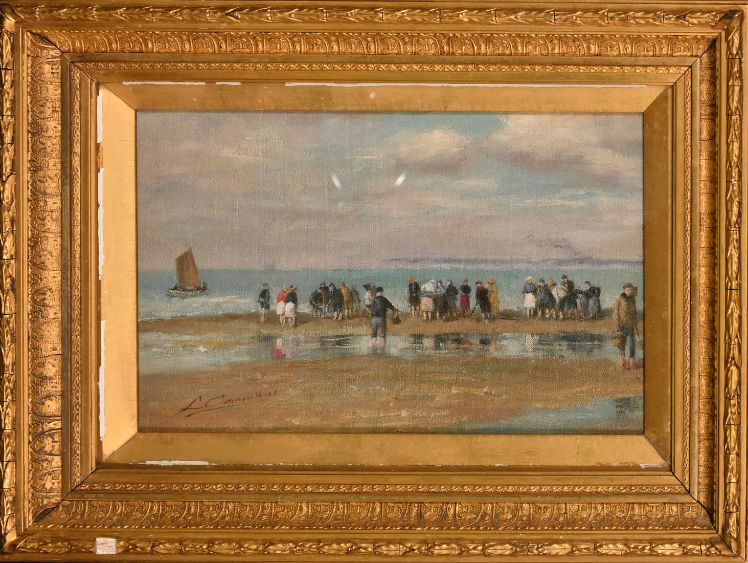 Continental School, Circa 1900, figures gathered on a beach, oil on canvas, indistinctly signed, - Image 2 of 4