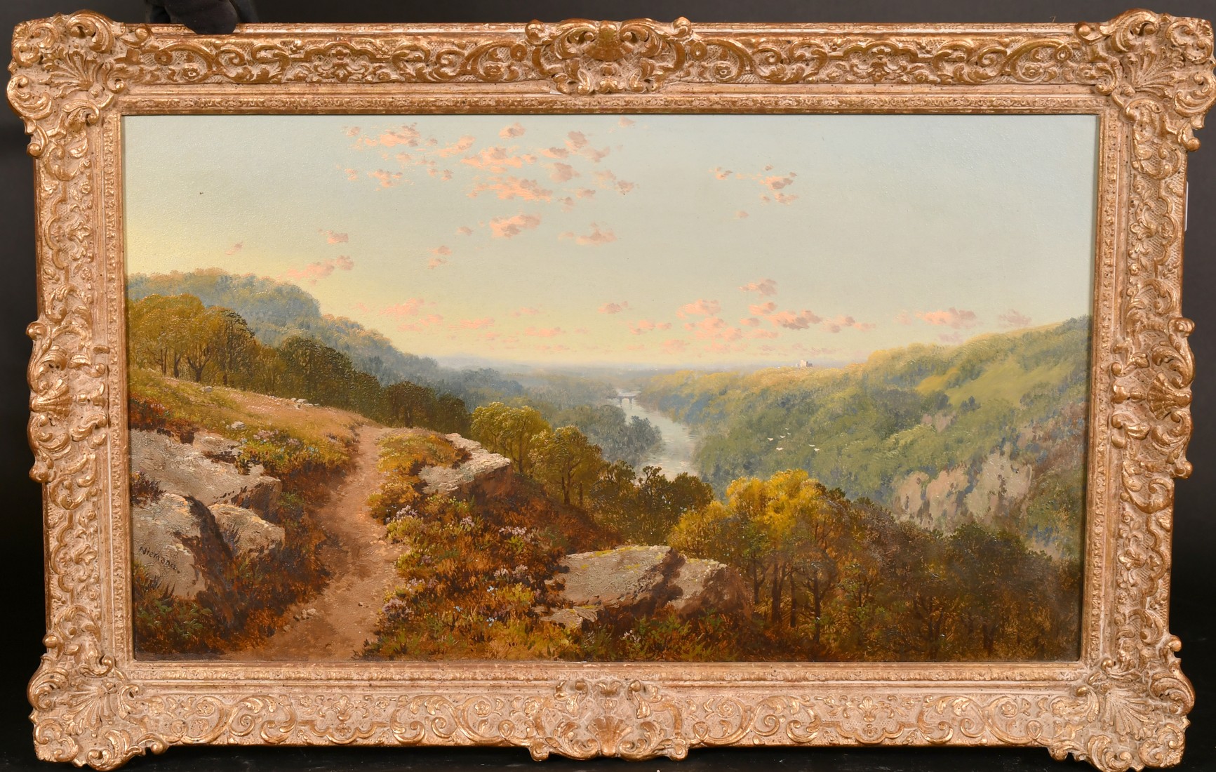 Niemann, Late 19th Century, a view of an arched bridge along a tree lined valley, oil on canvas, - Image 2 of 4