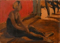 Attributed to Robin Darwin (1910-1974), a view of a stage with a dancer waiting in the wings, oil on