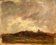Wycliffe Egginton (1875-1951), a view of a town seen from open fields under breaking skies, oil on