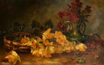 Late 19th Century, possibly Belgian School, a still life of mixed flowers on a table top, oil on
