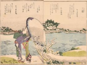 Hokusai, Japanese, two river views with bridges, woodcuts, sheet size 10.5" x 12" (26.5 x 30.