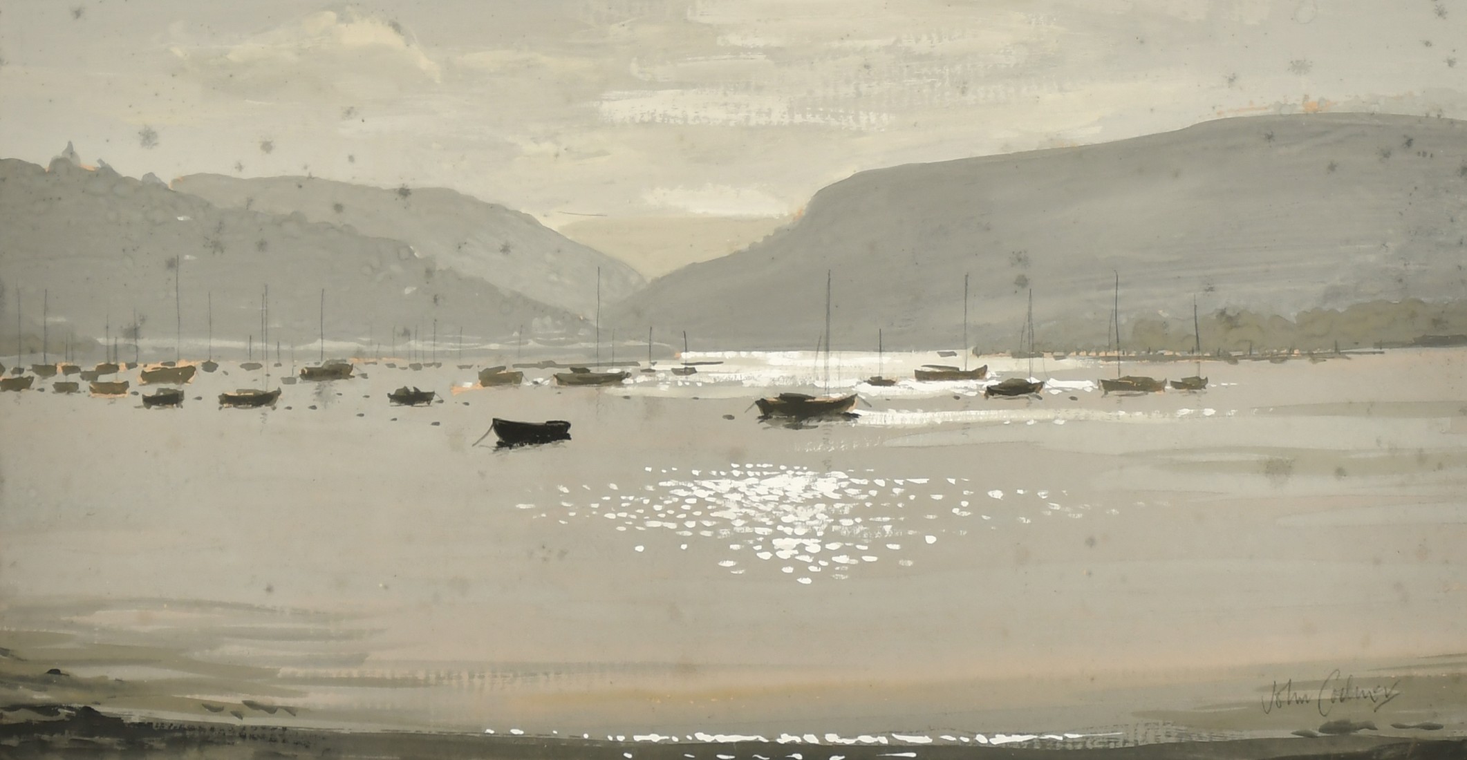 John Codner (1913-2008), boats moored in an inlet, gouache, signed in pencil, 7.5" x 13.5" (19 x