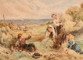 W. E. Coleman, 19th Century, young women harvesting with a landscape view beyond, watercolour,