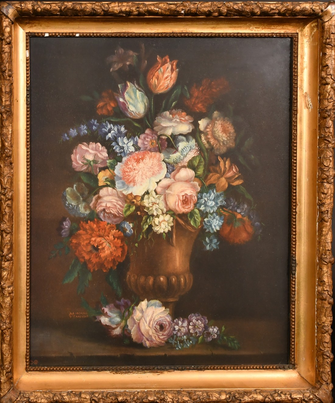 A good 19th Century plaster gilt frame with running pattern of acorns and with inset still life - Image 2 of 3