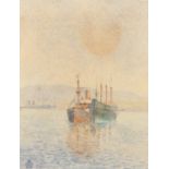 B. A. S. Brunskill, Circa 1919, 'Crating from a Hulk in Gibraltar Harbour', watercolour, signed with