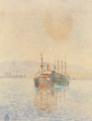 B. A. S. Brunskill, Circa 1919, 'Crating from a Hulk in Gibraltar Harbour', watercolour, signed with