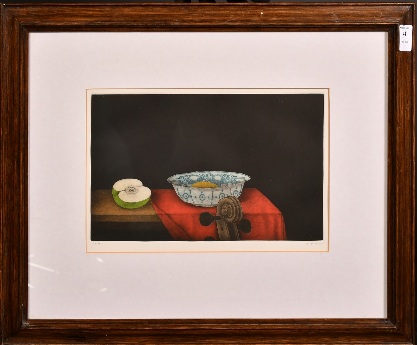 Tomoe Yokoi, Still life with bowl, fruit and musical instrument, colour mezzotint, signed in - Image 2 of 4