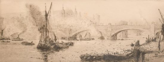 William Lionel Wyllie (1851-1931), Southwark Bridge, etching, signed in pencil, plate size 5" x 12.