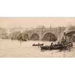 William Lionel Wyllie (1851-1931), Old Waterloo Bridge from the South Bank, etching, signed in