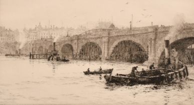 William Lionel Wyllie (1851-1931), Old Waterloo Bridge from the South Bank, etching, signed in