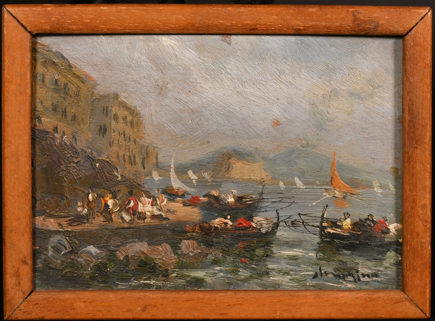 Italian School, Circa 1900, a pair of oil on panel scenes of boats in the bay of Naples, - Image 2 of 5