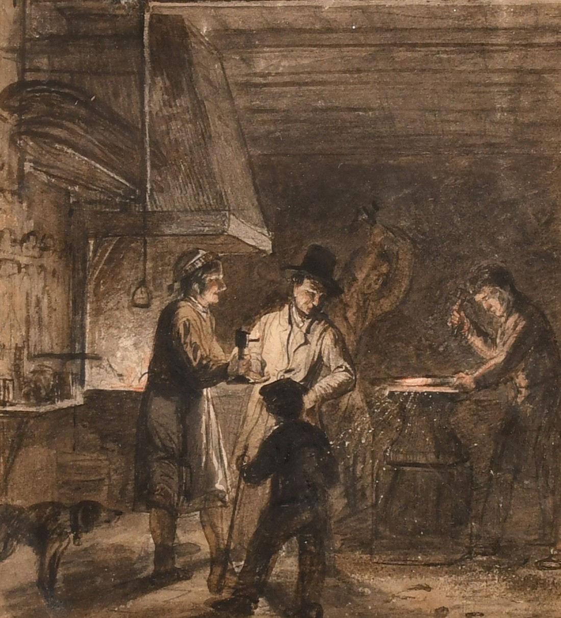 Attributed to George Van Haanen (1807-1876), figures in a forge, watercolour heightened with