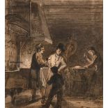 Attributed to George Van Haanen (1807-1876), figures in a forge, watercolour heightened with