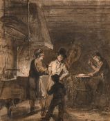 Attributed to George Van Haanen (1807-1876), figures in a forge, watercolour heightened with