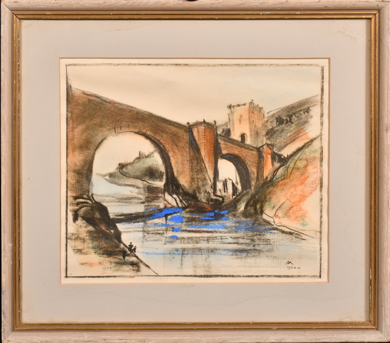 Circle of Muirhead Bone, a Continental Bridge with figures on a riverbank, charcoal, crayon and - Image 2 of 4