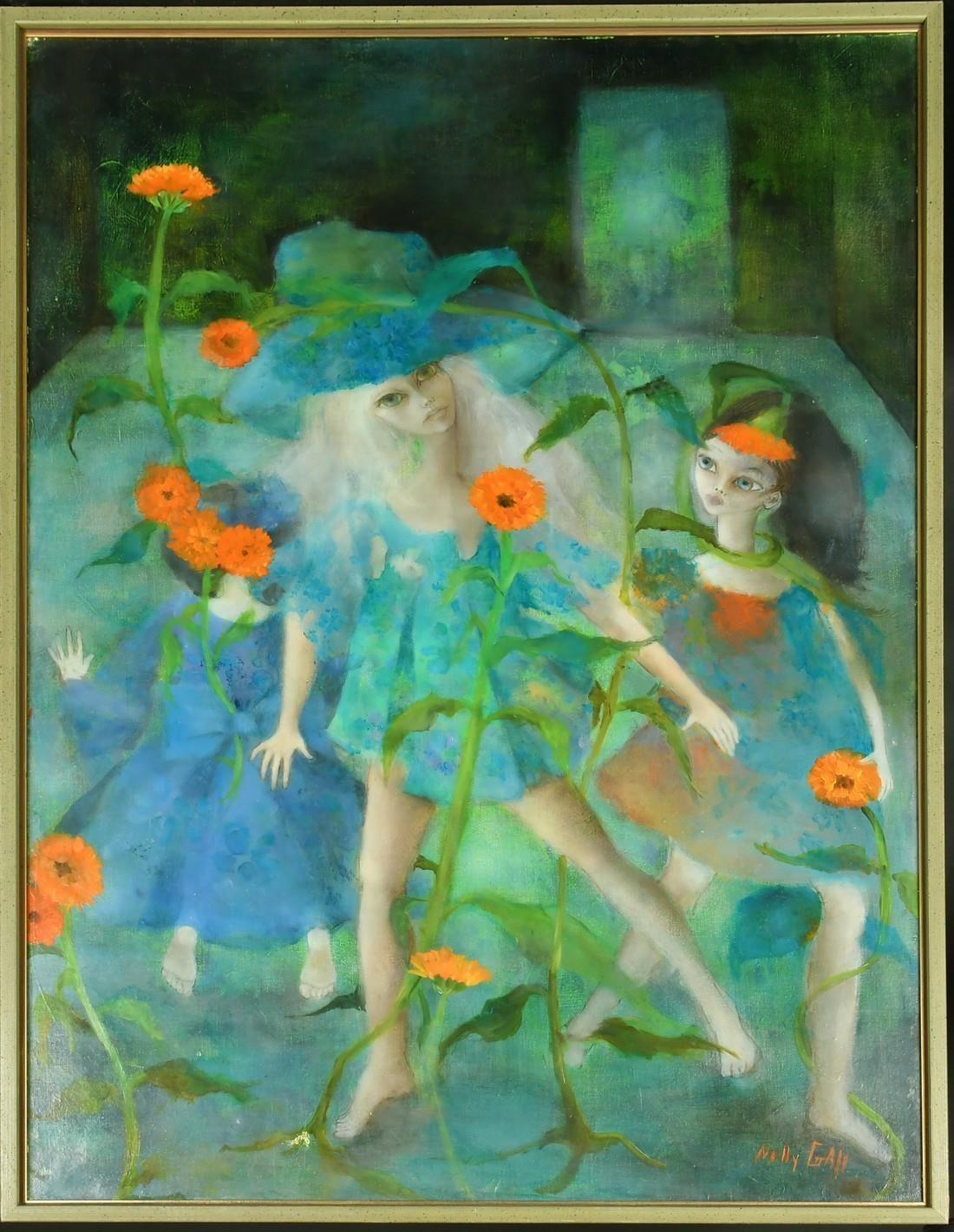 Nelly Gall / Gael (20th Century), three female figures dancing in a fantastical garden, 39.5" x 28. - Image 2 of 4