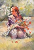 Trevor Waugh (20th Century), 'Girl in Cornfield', watercolour, signed and dated 96, 12" x 8.25" (