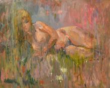Frank Dobson (1888-1963), 'In the Fields', a female nude amongst foliage, oil on board, 20" x 24" (