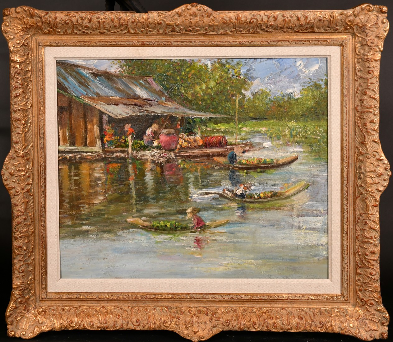 20th Century, possibly a South East Asian view of figures in traditional boats by a dwelling, oil on - Image 2 of 3
