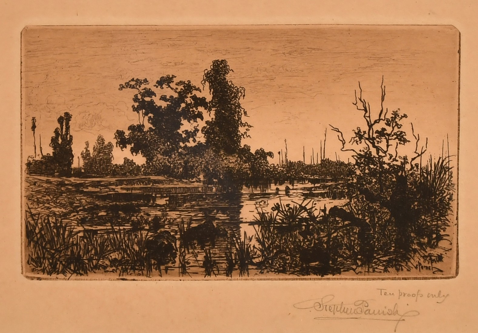 Stephen Parrish, a river landscape, etching, signed in pencil and inscribed 'Ten Proofs Only',