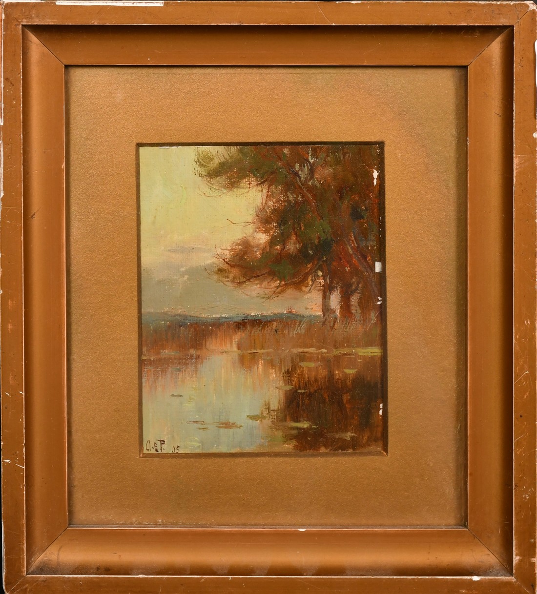 Circa 1905, a pair of landscape scenes, morning and dusk, oil on board, signed with initials O.E.P., - Image 3 of 5