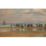 Continental School, Circa 1900, figures gathered on a beach, oil on canvas, indistinctly signed,