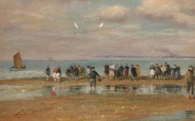 Continental School, Circa 1900, figures gathered on a beach, oil on canvas, indistinctly signed,