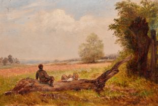Walter Vernon (Late 19th Century), figures resting on a log, oil on board, signed, 6" x 9" (15 x