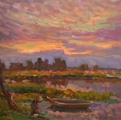 Yuliya Piven (b. 1966), river landscape at dusk, oil on canvas laid down, signed, 15.75" x 15.75" (