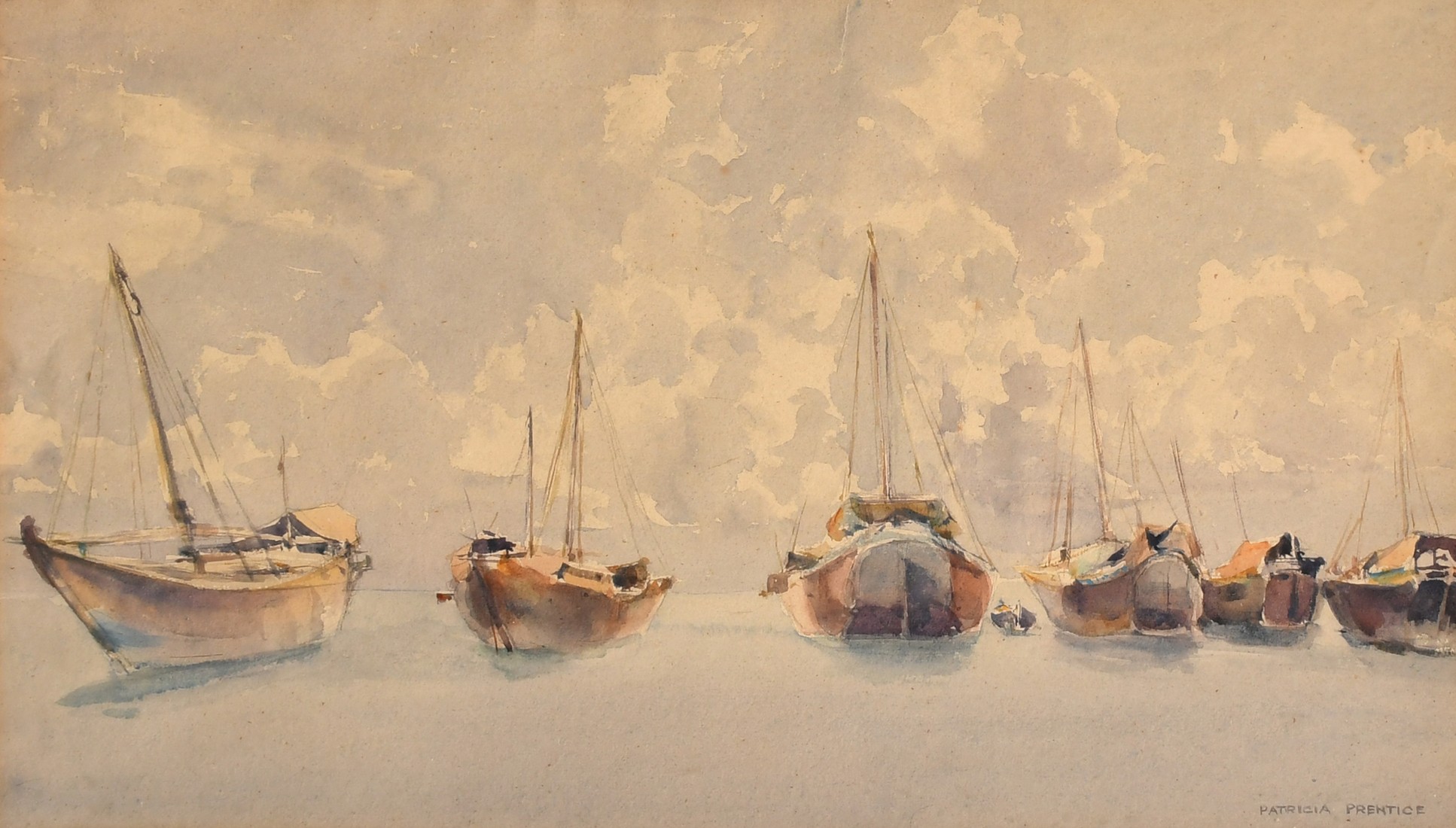 Patricia Prentice, Sampans at anchor, watercolour, signed, 12.5" x 21.25" (32 x 54cm).