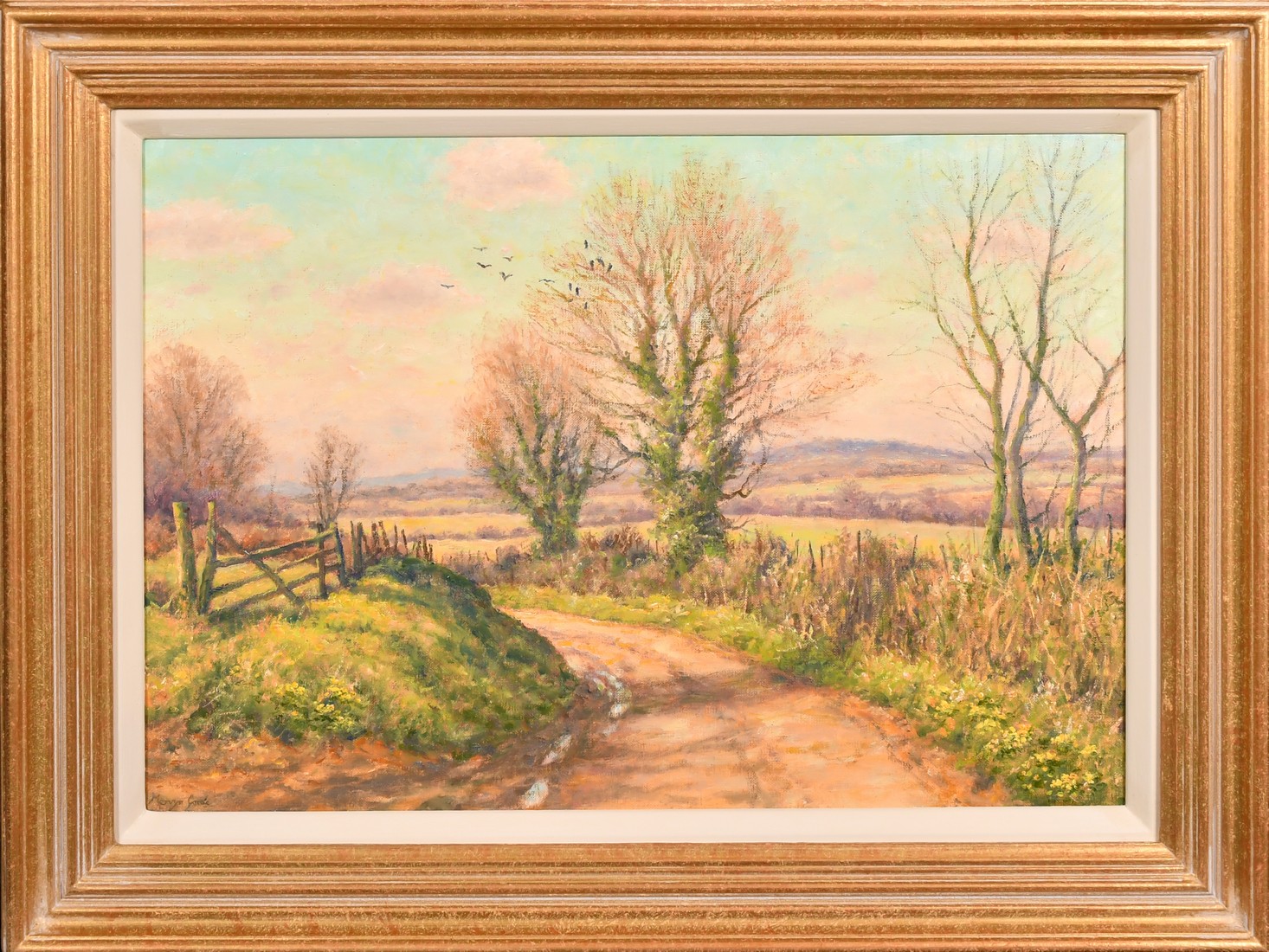 Mervyn Goode, 'March Sunlight, Rooks and Primroses', oil on canvas, signed, 14" x 20" (36 x 51cm). - Image 2 of 4