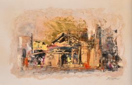 Smirnoff, Circa 1968, a pair of oil on card scenes of town views with figures, embellished with